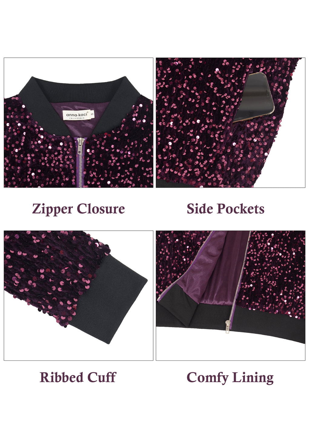 Chaqueta de mujer Anna-Kaci con lentejuelas brillantes, cremallera, manga larga, chaqueta bomber con lentejuelas brillantes y bolsillos