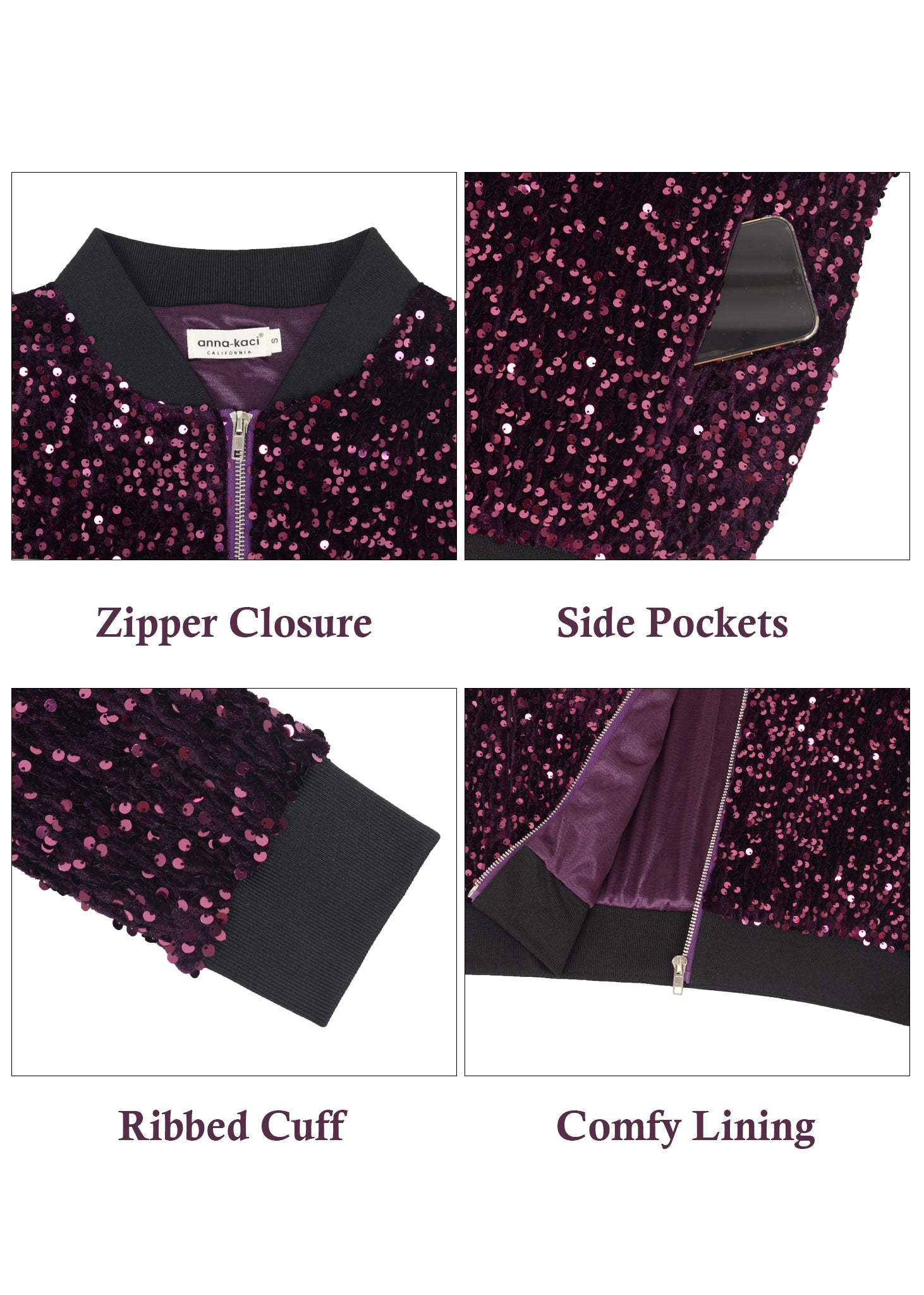 Chaqueta de mujer Anna-Kaci con lentejuelas brillantes, cremallera, manga larga, chaqueta bomber con lentejuelas brillantes y bolsillos