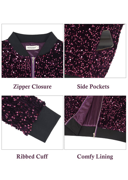 Anna-Kaci Womens Sparkly Sequin Jacket Zipper Long Sleeve Glitter Sequin Bomber Jacket with Pockets
