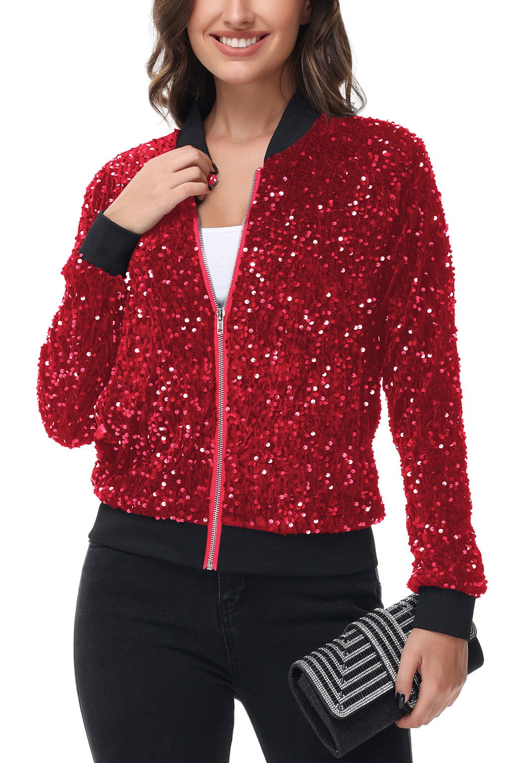 Chaqueta de mujer Anna-Kaci con lentejuelas brillantes, cremallera, manga larga, chaqueta bomber con lentejuelas brillantes y bolsillos