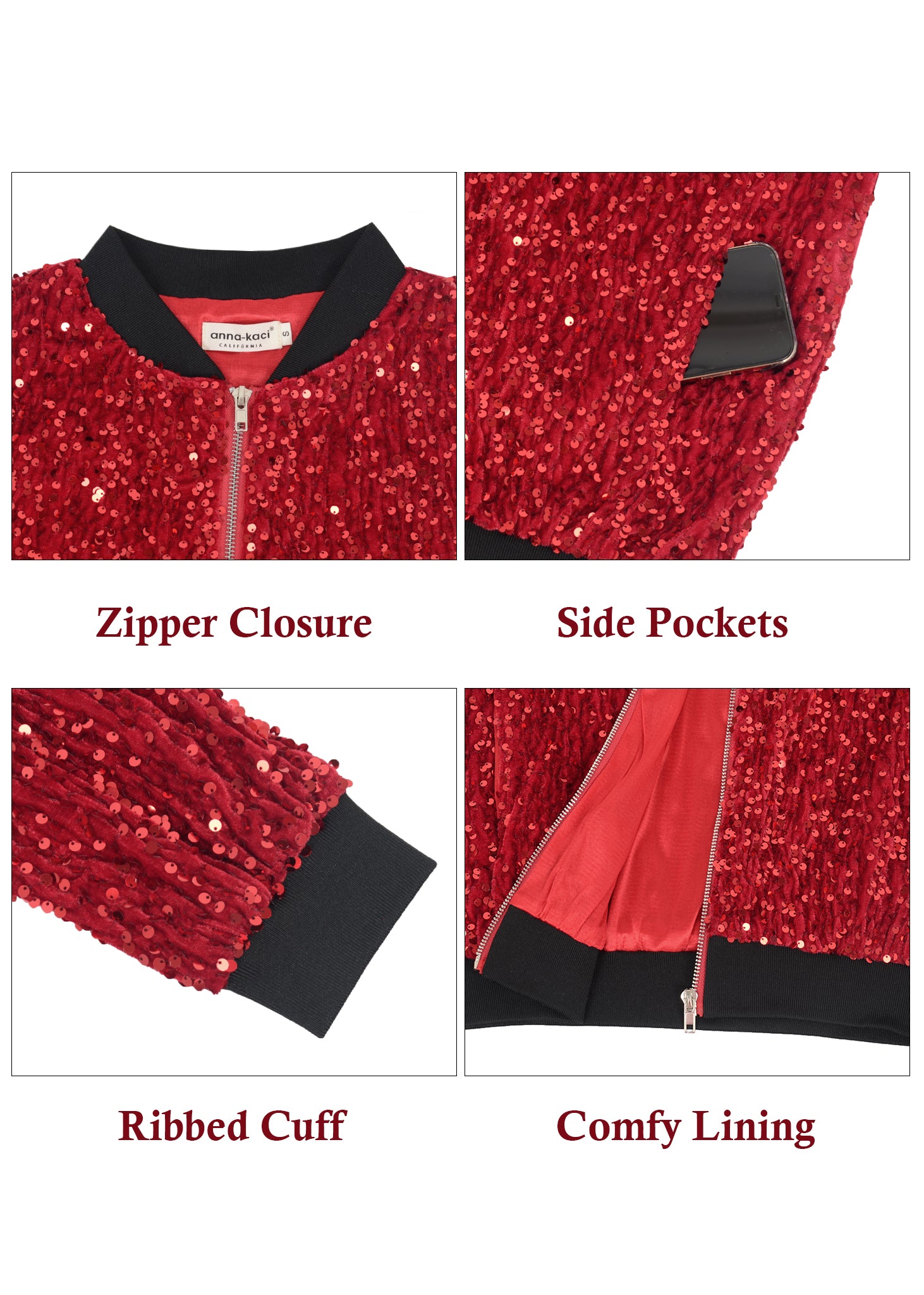 Chaqueta de mujer Anna-Kaci con lentejuelas brillantes, cremallera, manga larga, chaqueta bomber con lentejuelas brillantes y bolsillos