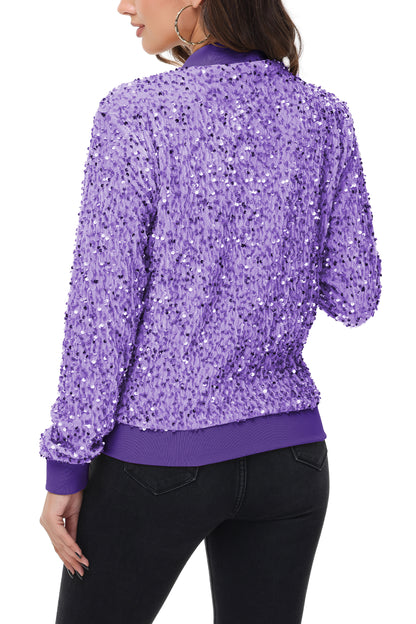 Anna-Kaci Womens Sparkly Sequin Jacket Zipper Long Sleeve Glitter Sequin Bomber Jacket with Pockets