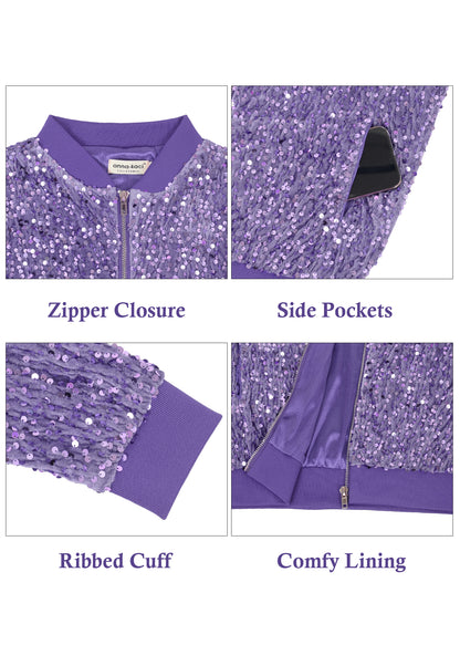 Anna-Kaci Womens Sparkly Sequin Jacket Zipper Long Sleeve Glitter Sequin Bomber Jacket with Pockets