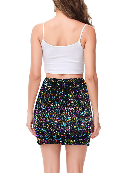 Anna-Kaci Womens Sparkly Sequin Skirt Mid Waist Glitter Party Club Velvet Skirts