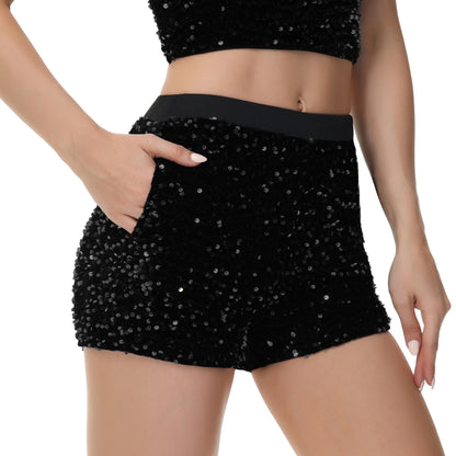 Anna-Kaci Women's Sparkly Sequin Shorts Elastic Waist Glitter Straight Leg Party Shorts with Pockets
