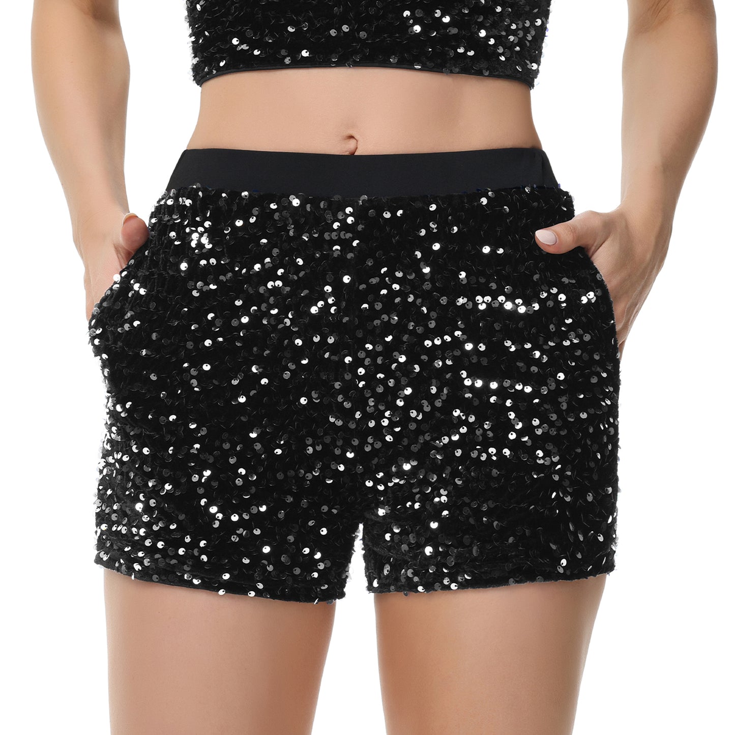 Anna-Kaci Women's Sparkly Sequin Shorts Elastic Waist Glitter Straight Leg Party Shorts with Pockets