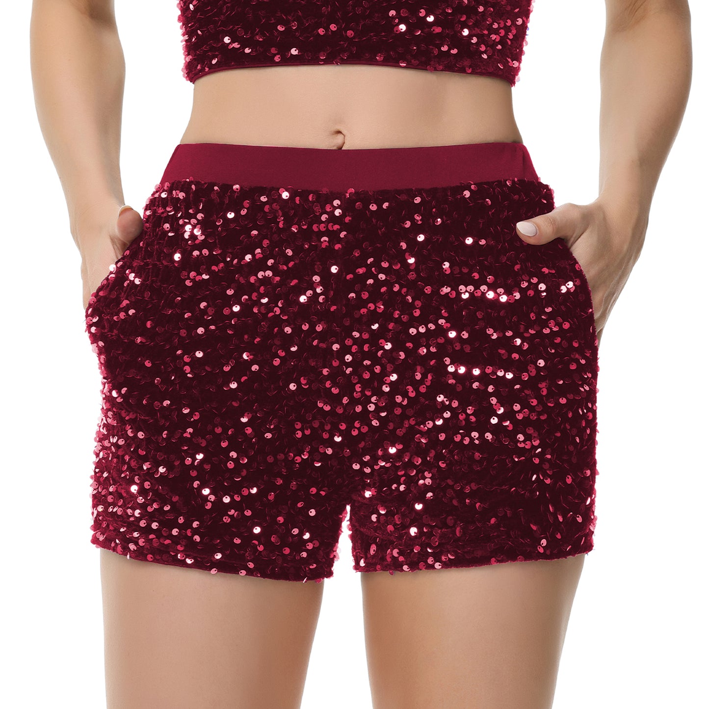 Anna-Kaci Women's Sparkly Sequin Shorts Elastic Waist Glitter Straight Leg Party Shorts with Pockets
