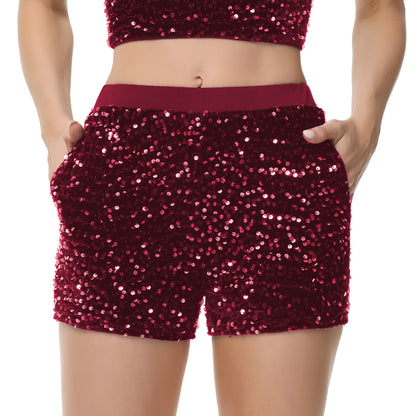 Anna-Kaci Women's Sparkly Sequin Shorts Elastic Waist Glitter Straight Leg Party Shorts with Pockets