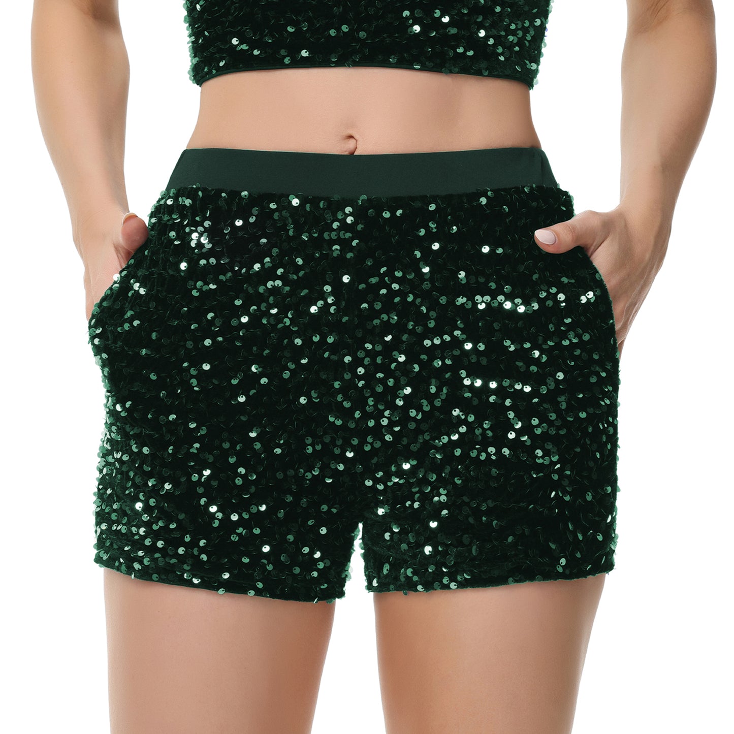 Anna-Kaci Women's Sparkly Sequin Shorts Elastic Waist Glitter Straight Leg Party Shorts with Pockets