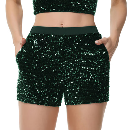 Anna-Kaci Women's Sparkly Sequin Shorts Elastic Waist Glitter Straight Leg Party Shorts with Pockets