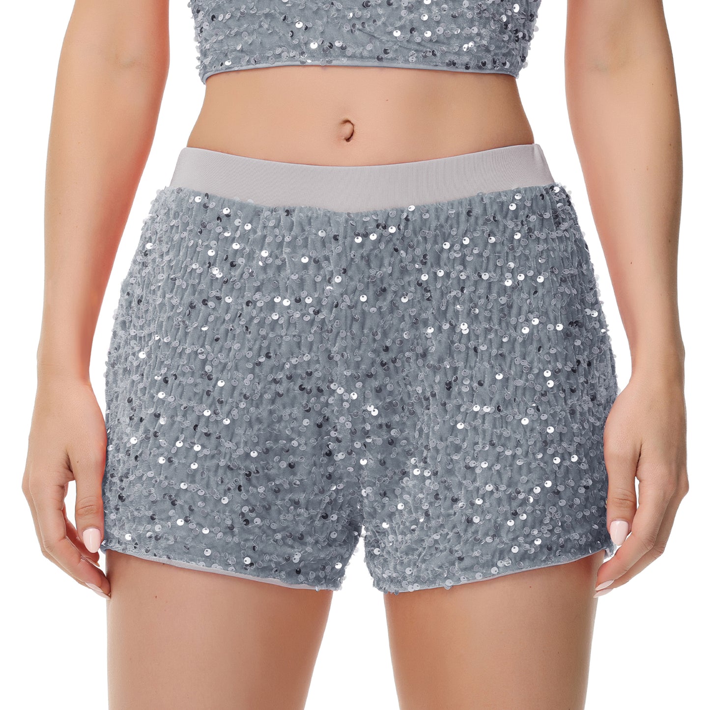 Anna-Kaci Women's Sparkly Sequin Shorts Elastic Waist Glitter Straight Leg Party Shorts with Pockets