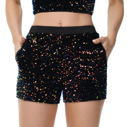 Anna-Kaci Women's Sparkly Sequin Shorts Elastic Waist Glitter Straight Leg Party Shorts with Pockets