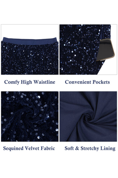 Anna-Kaci Women's Sparkly Sequin Shorts Elastic Waist Glitter Straight Leg Party Shorts with Pockets