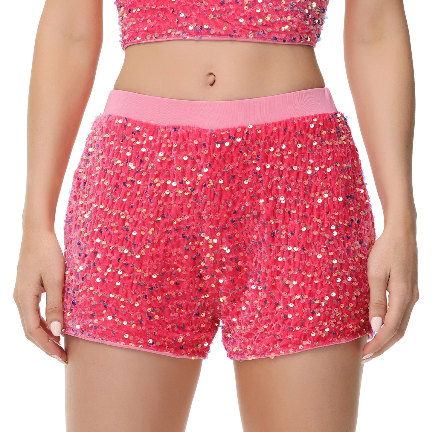 Anna-Kaci Women's Sparkly Sequin Shorts Elastic Waist Glitter Straight Leg Party Shorts with Pockets