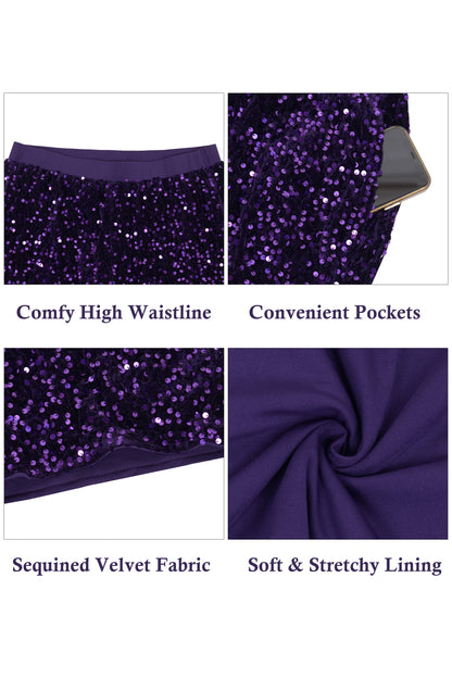 Anna-Kaci Women's Sparkly Sequin Shorts Elastic Waist Glitter Straight Leg Party Shorts with Pockets