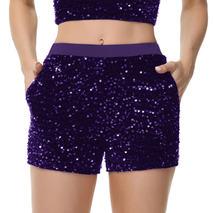 Anna-Kaci Women's Sparkly Sequin Shorts Elastic Waist Glitter Straight Leg Party Shorts with Pockets
