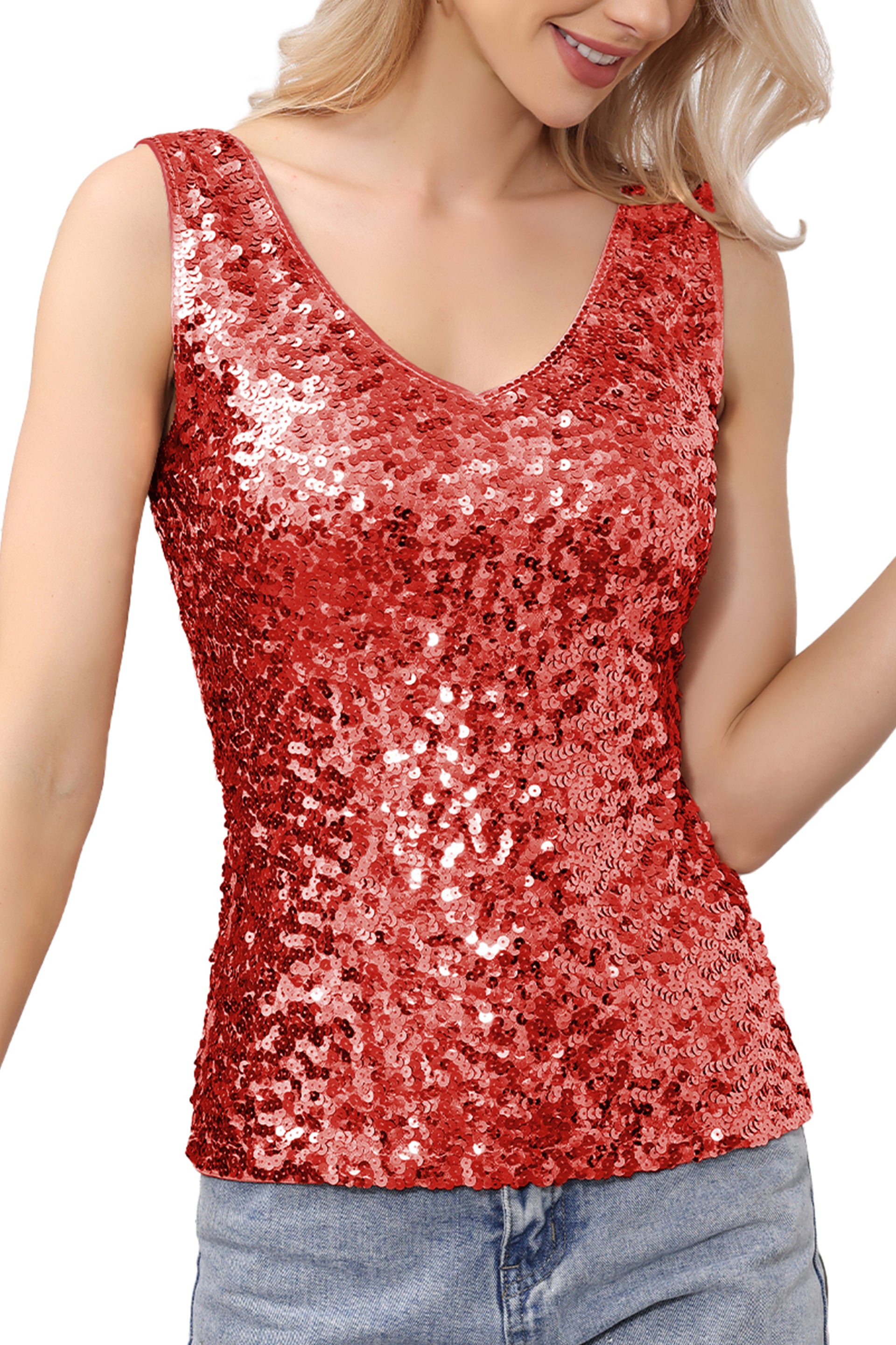 Camiseta sin mangas con lentejuelas y escote en V brillante para mujer de Anna-Kaci, chaleco sexy sin mangas con purpurina para fiesta en discotecas