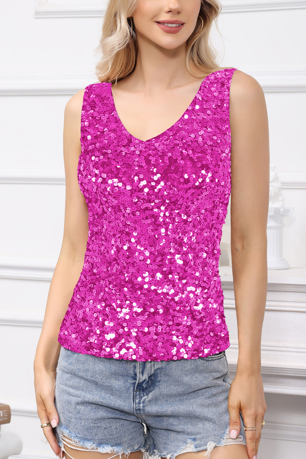 Anna-Kaci Women's Sparkly V-Neck Sequin Tank Tops Sleeveless Sexy Glitter Disco Club Party Vest