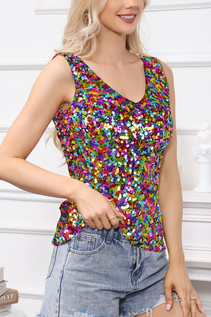 Anna-Kaci Women's Sparkly V-Neck Sequin Tank Tops Sleeveless Sexy Glitter Disco Club Party Vest