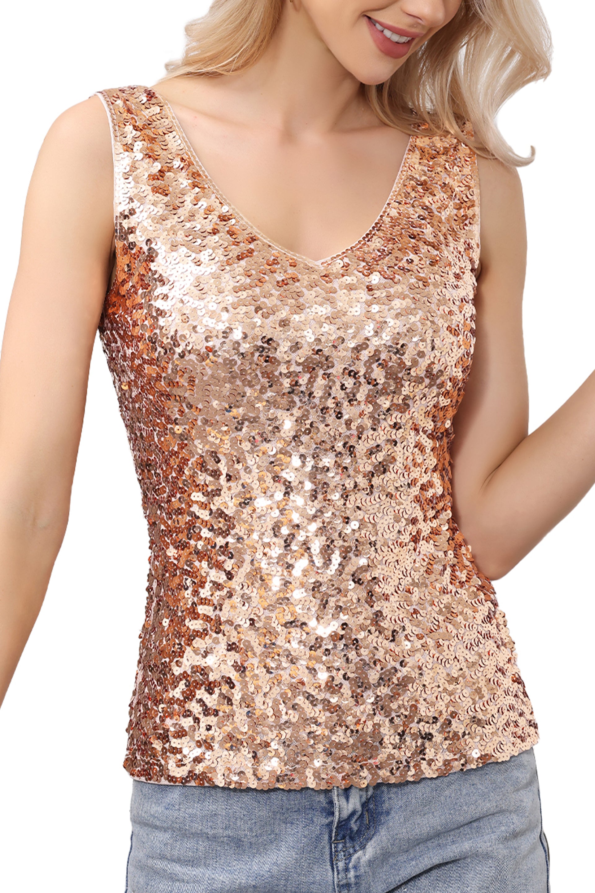 Camiseta sin mangas con lentejuelas y escote en V brillante para mujer de Anna-Kaci, chaleco sexy sin mangas con purpurina para fiesta en discotecas