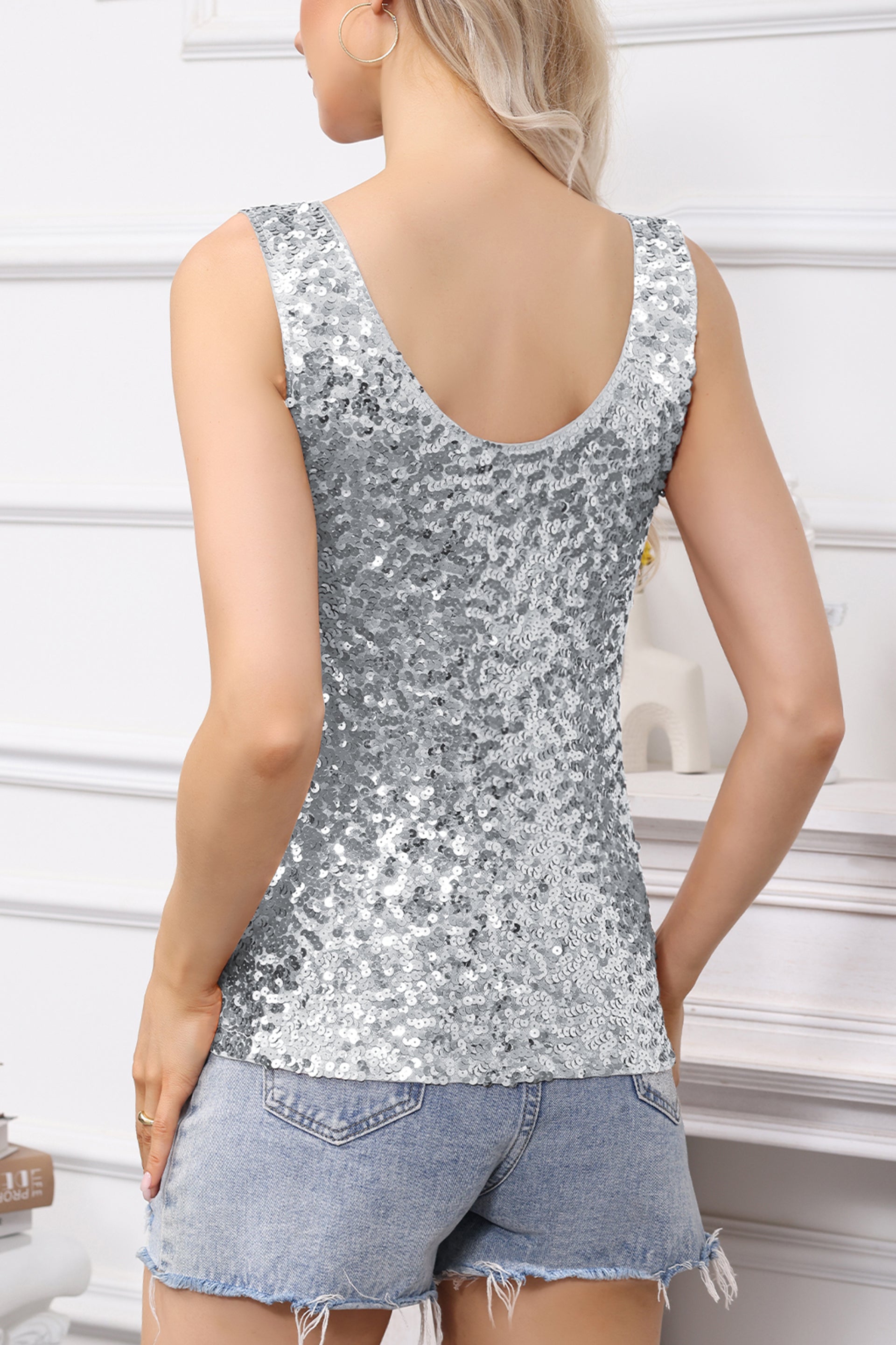 Anna-Kaci Women's Sparkly V-Neck Sequin Tank Tops Sleeveless Sexy Glitter Disco Club Party Vest