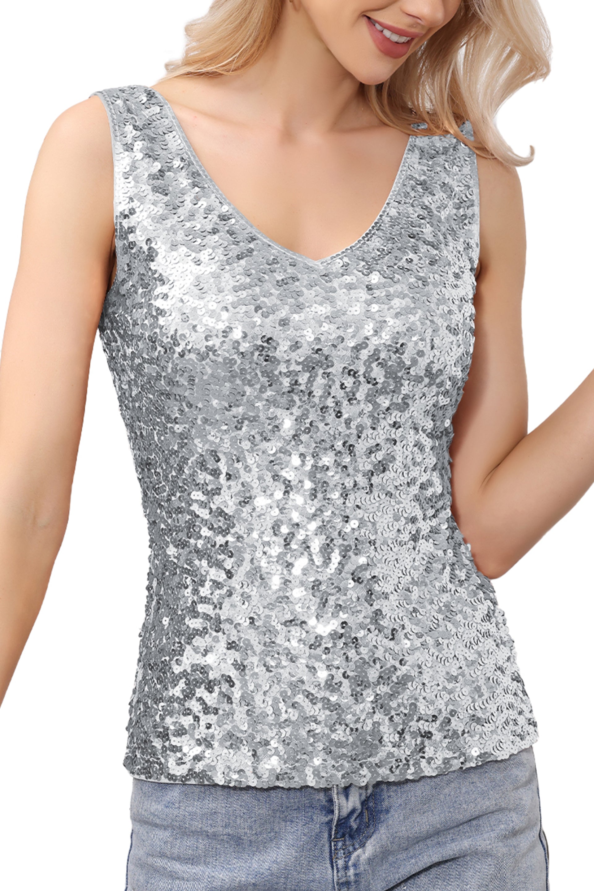Camiseta sin mangas con lentejuelas y escote en V brillante para mujer de Anna-Kaci, chaleco sexy sin mangas con purpurina para fiesta en discotecas