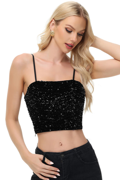 Anna-Kaci Women's Sparkly Sequin Cami Tops Crop Club Party Glitter Spaghetti Strap Tube Top