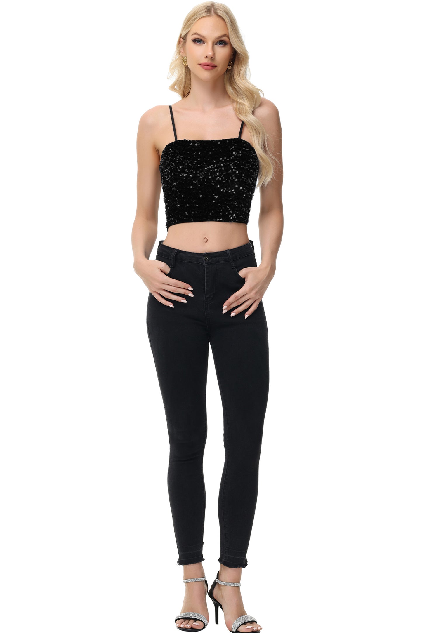 Anna-Kaci Women's Sparkly Sequin Cami Tops Crop Club Party Glitter Spaghetti Strap Tube Top