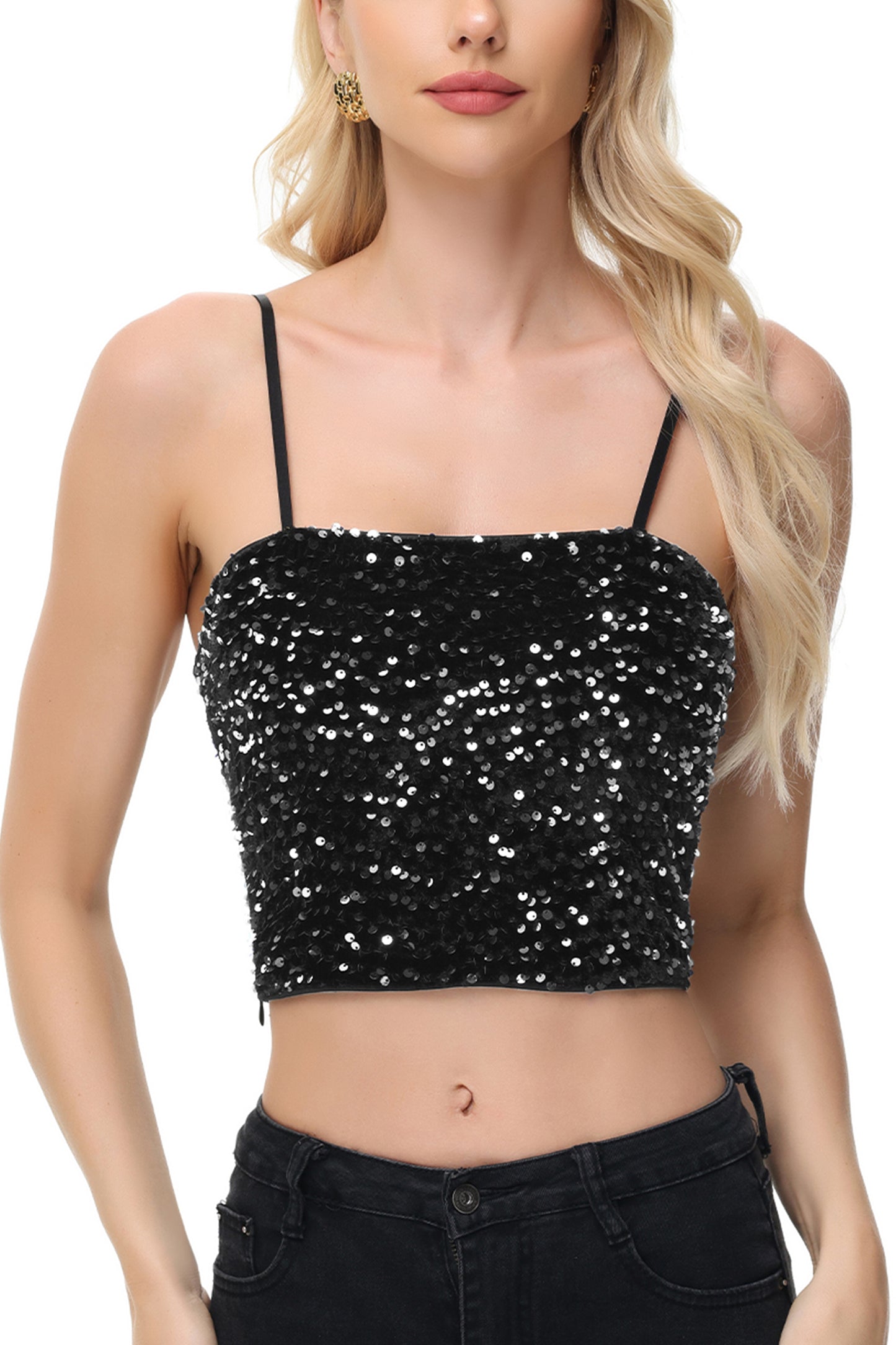 Anna-Kaci Women's Sparkly Sequin Cami Tops Crop Club Party Glitter Spaghetti Strap Tube Top