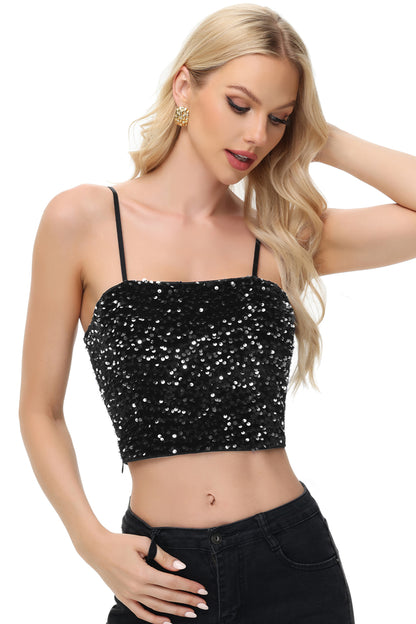 Anna-Kaci Women's Sparkly Sequin Cami Tops Crop Club Party Glitter Spaghetti Strap Tube Top