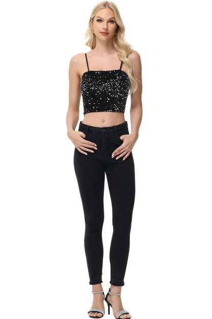 Anna-Kaci Women's Sparkly Sequin Cami Tops Crop Club Party Glitter Spaghetti Strap Tube Top