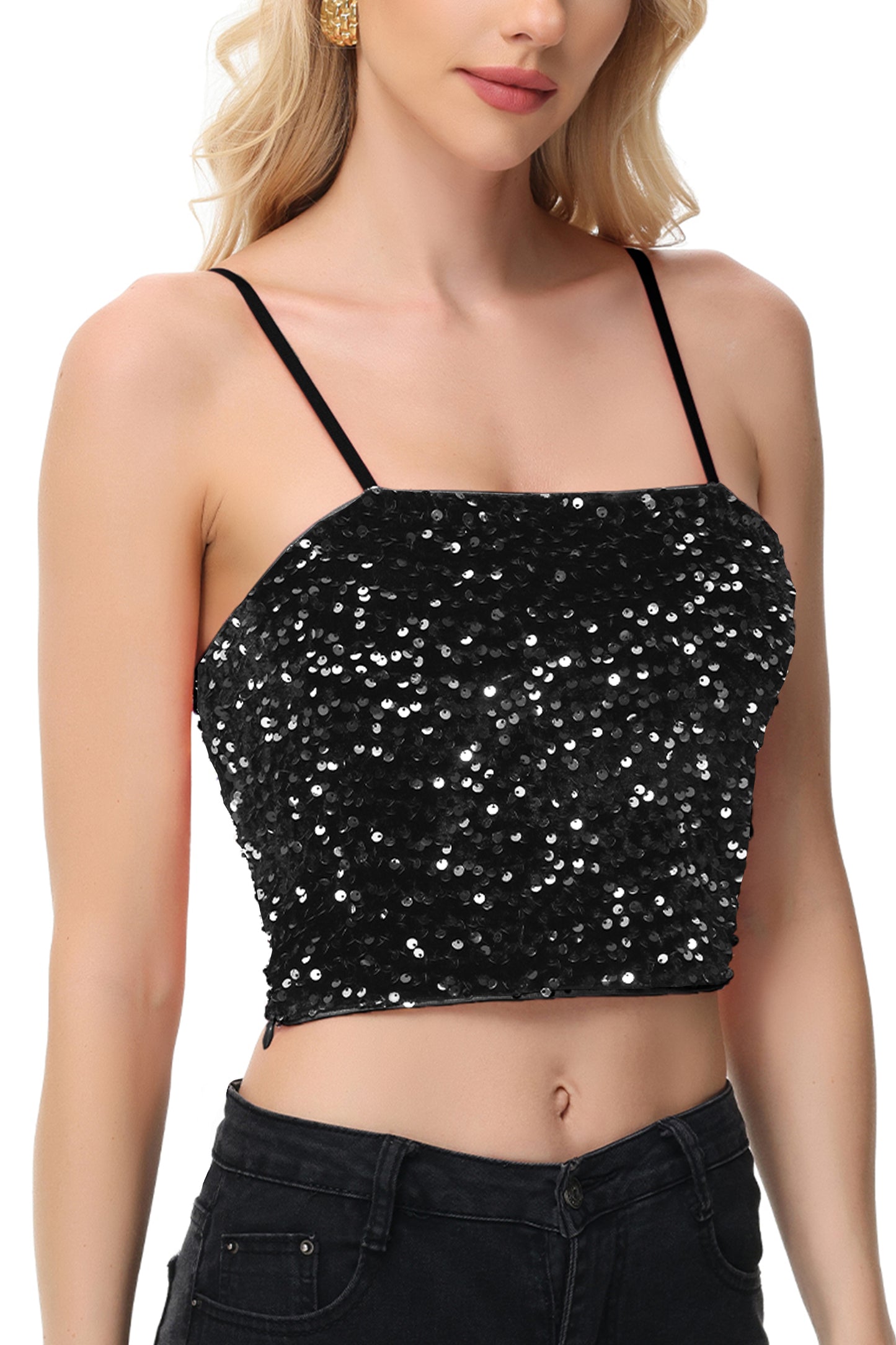 Anna-Kaci Women's Sparkly Sequin Cami Tops Crop Club Party Glitter Spaghetti Strap Tube Top