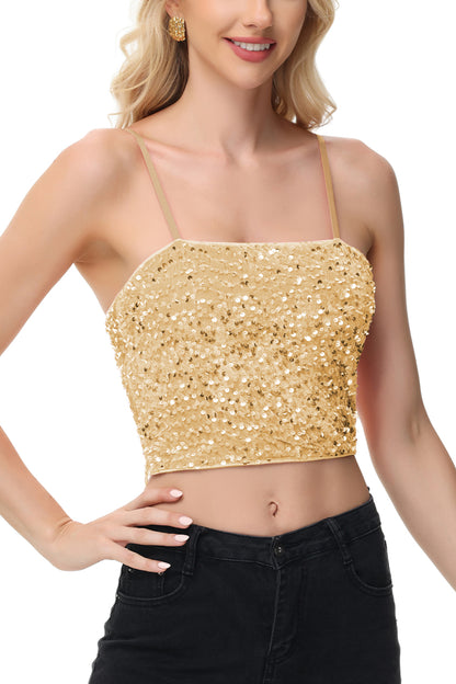 Anna-Kaci Women's Sparkly Sequin Cami Tops Crop Club Party Glitter Spaghetti Strap Tube Top