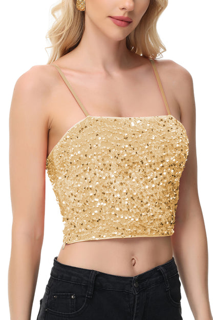 Anna-Kaci Women's Sparkly Sequin Cami Tops Crop Club Party Glitter Spaghetti Strap Tube Top
