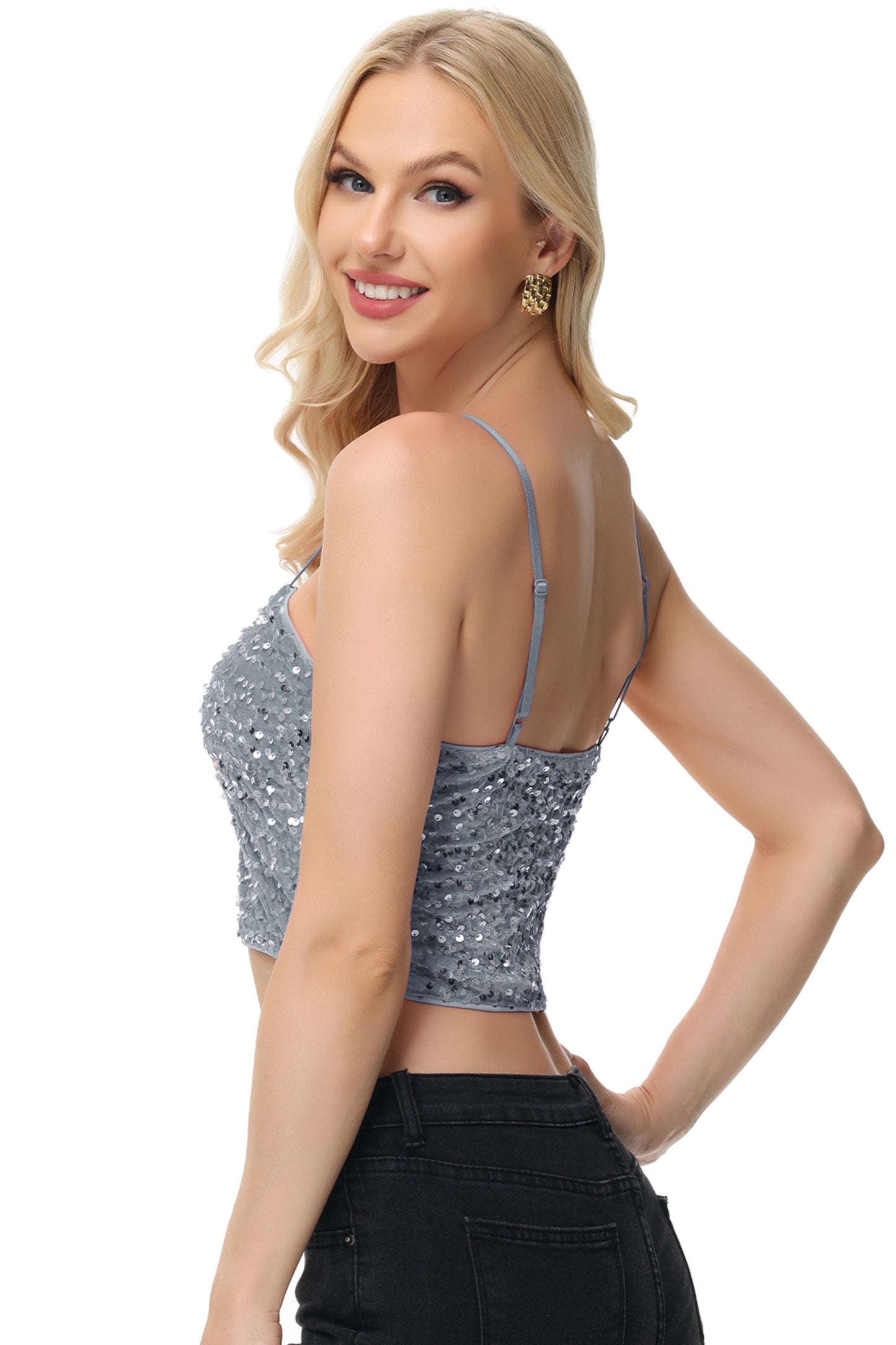 Anna-Kaci Women's Sparkly Sequin Cami Tops Crop Club Party Glitter Spaghetti Strap Tube Top