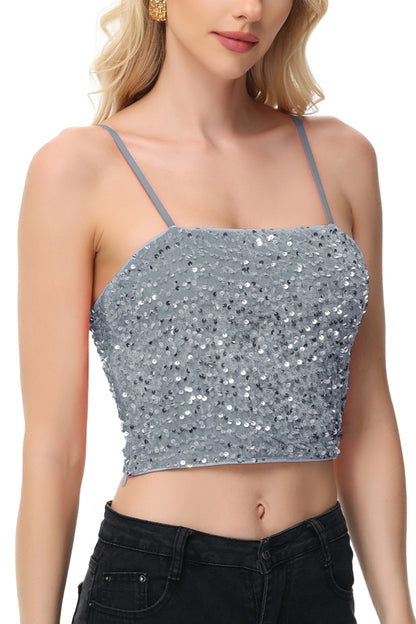 Anna-Kaci Women's Sparkly Sequin Cami Tops Crop Club Party Glitter Spaghetti Strap Tube Top