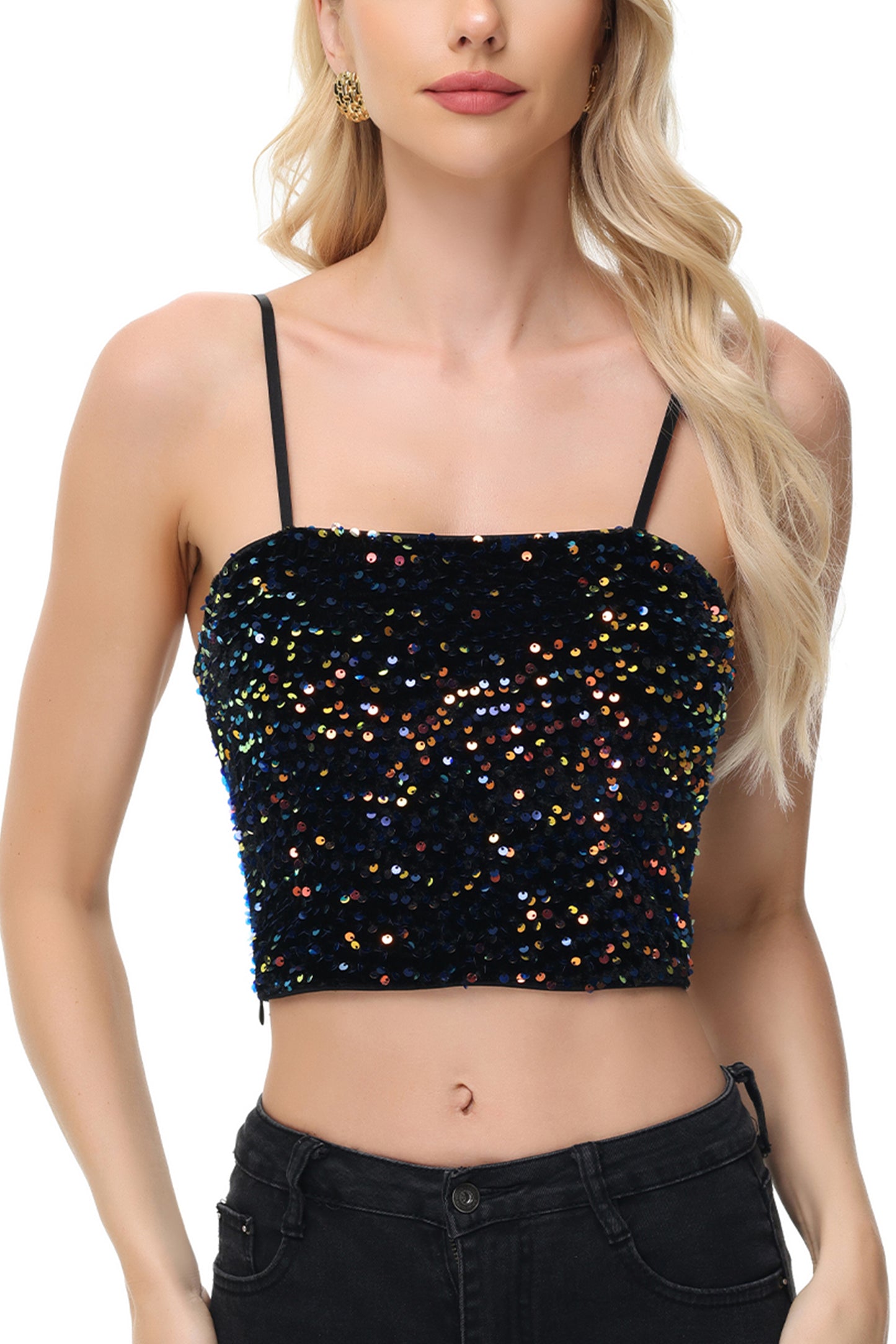 Anna-Kaci Women's Sparkly Sequin Cami Tops Crop Club Party Glitter Spaghetti Strap Tube Top