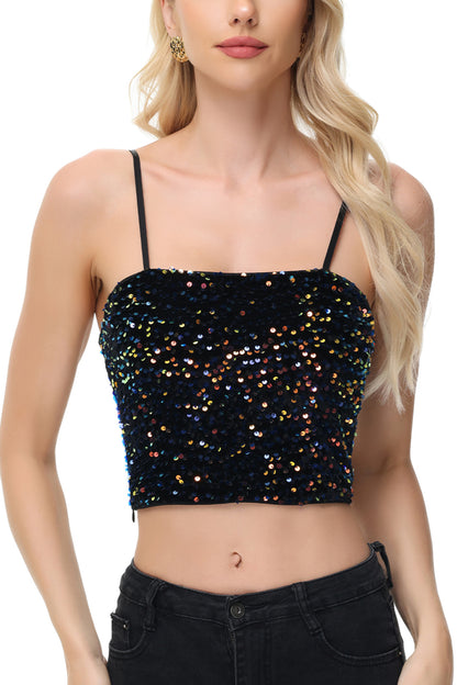 Anna-Kaci Women's Sparkly Sequin Cami Tops Crop Club Party Glitter Spaghetti Strap Tube Top