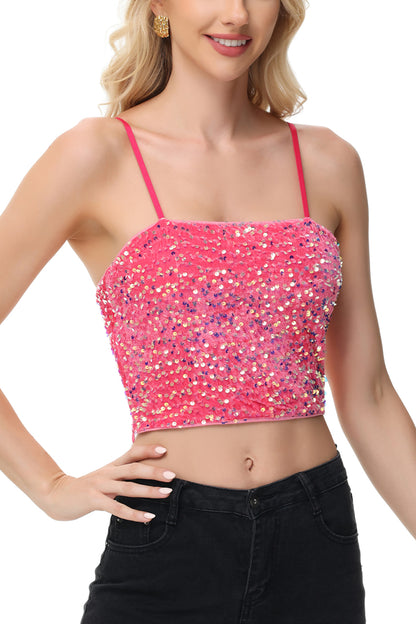 Anna-Kaci Women's Sparkly Sequin Cami Tops Crop Club Party Glitter Spaghetti Strap Tube Top
