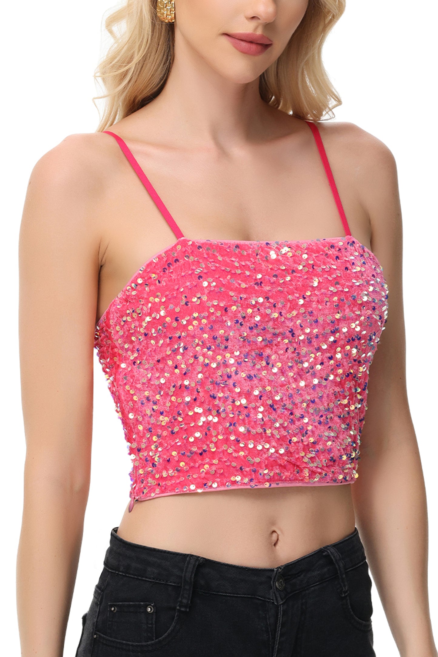 Anna-Kaci Women's Sparkly Sequin Cami Tops Crop Club Party Glitter Spaghetti Strap Tube Top