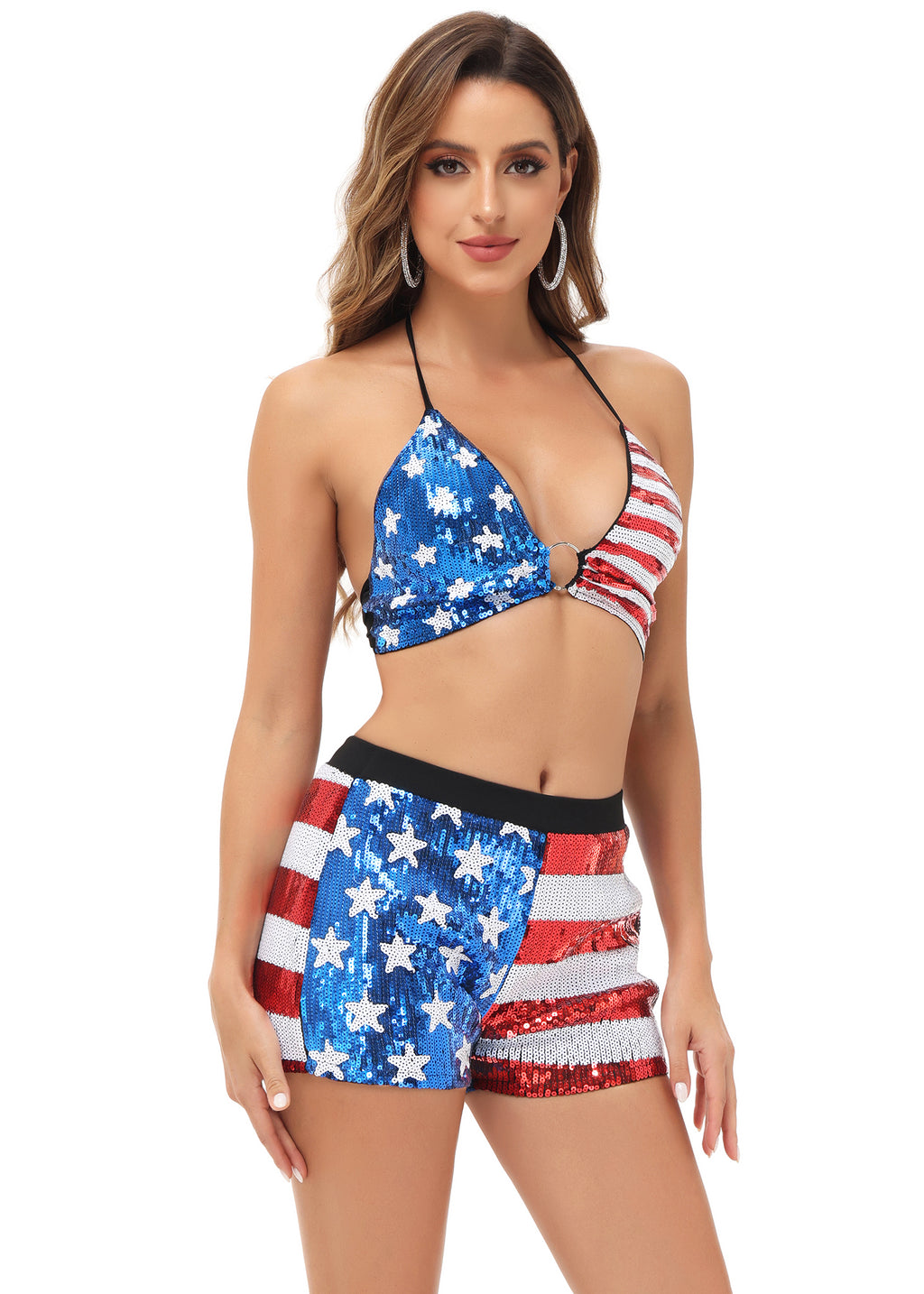 Conjunto de bikini de dos piezas para mujer Anna-Kaci con motivo del 4 de julio, top con cuello halter y pantalones cortos con lentejuelas brillantes y bandera de EE. UU.