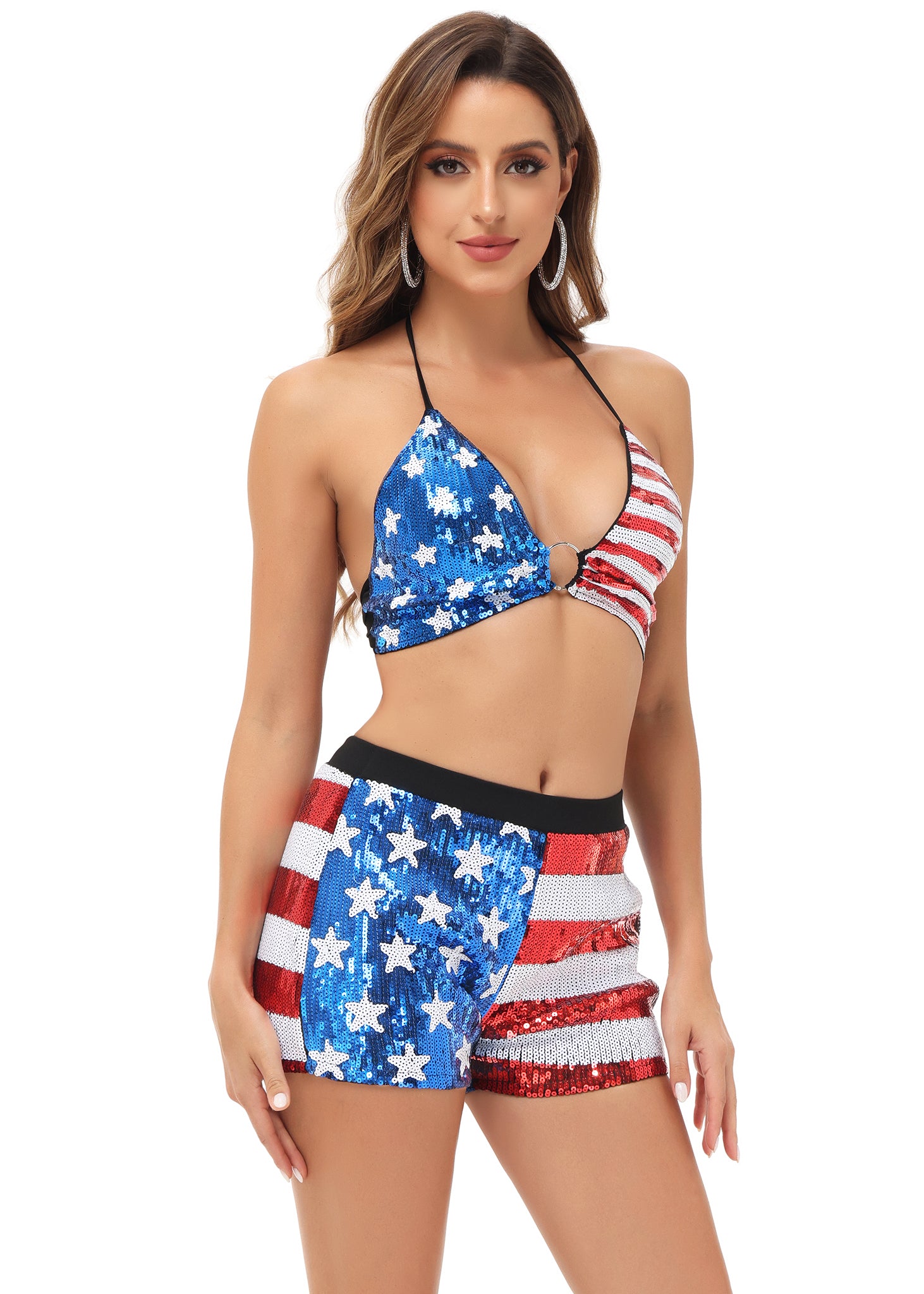 Conjunto de bikini de dos piezas para mujer Anna-Kaci con motivo del 4 de julio, top con cuello halter y pantalones cortos con lentejuelas brillantes y bandera de EE. UU.