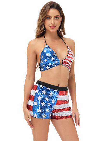 Anna-Kaci Womens 2 Piece July 4th Bikini Set USA Flag Sparkly Sequin Halter Top Shorts Sets