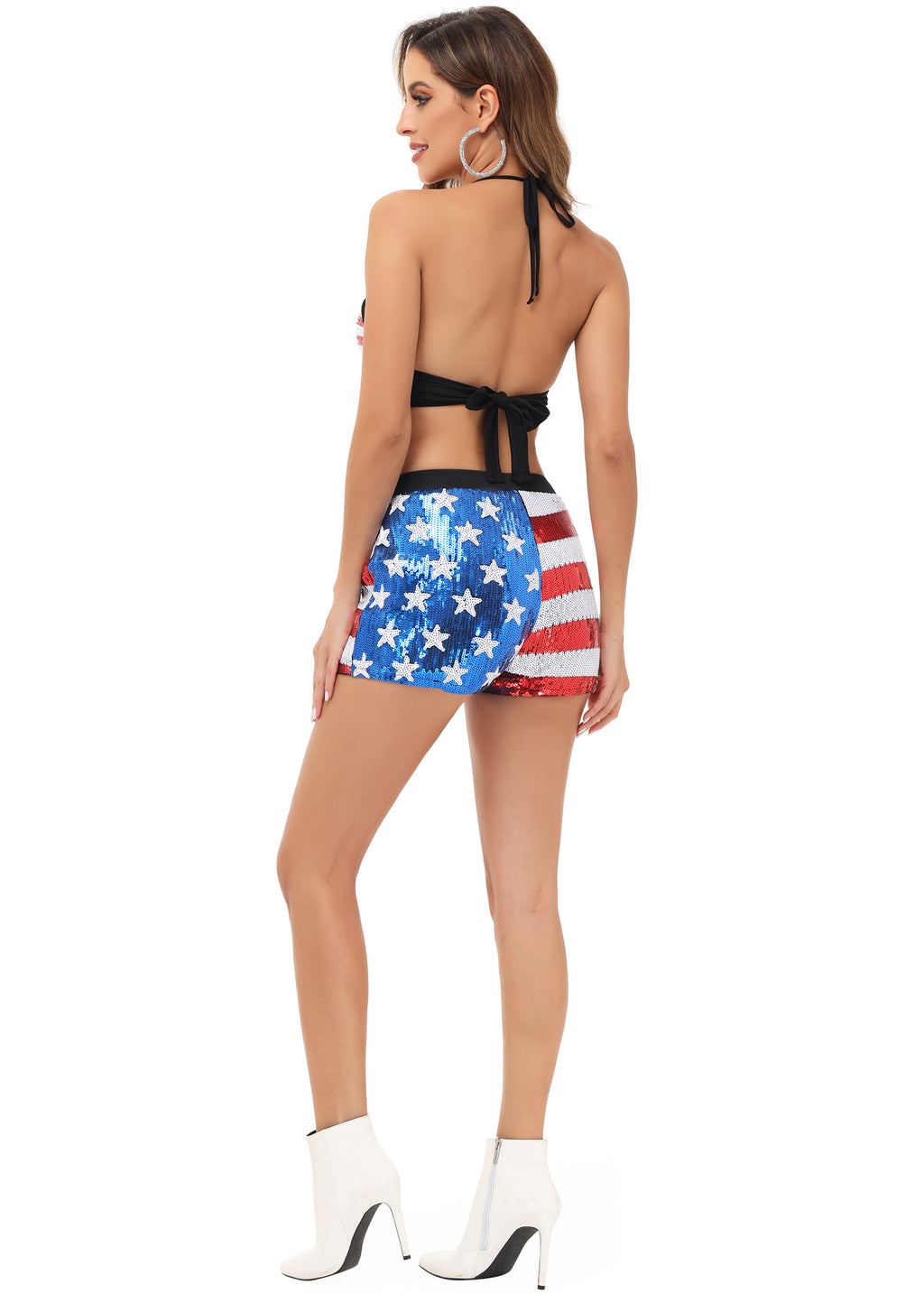 Conjunto de bikini de dos piezas para mujer Anna-Kaci con motivo del 4 de julio, top con cuello halter y pantalones cortos con lentejuelas brillantes y bandera de EE. UU.