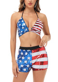 Conjunto de bikini de dos piezas para mujer Anna-Kaci con motivo del 4 de julio, top con cuello halter y pantalones cortos con lentejuelas brillantes y bandera de EE. UU.