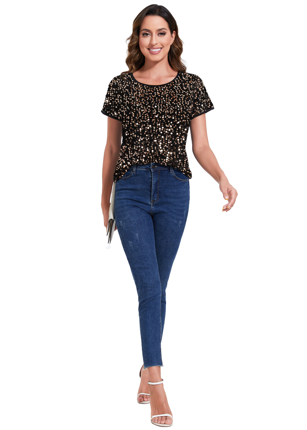 Anna-Kaci Womens Sparkly Sequin Velvet Tops Short Sleeve Crew Neck Shirt Party Club Blouse