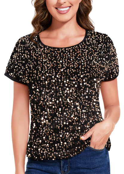 Anna-Kaci Womens Sparkly Sequin Velvet Tops Short Sleeve Crew Neck Shirt Party Club Blouse