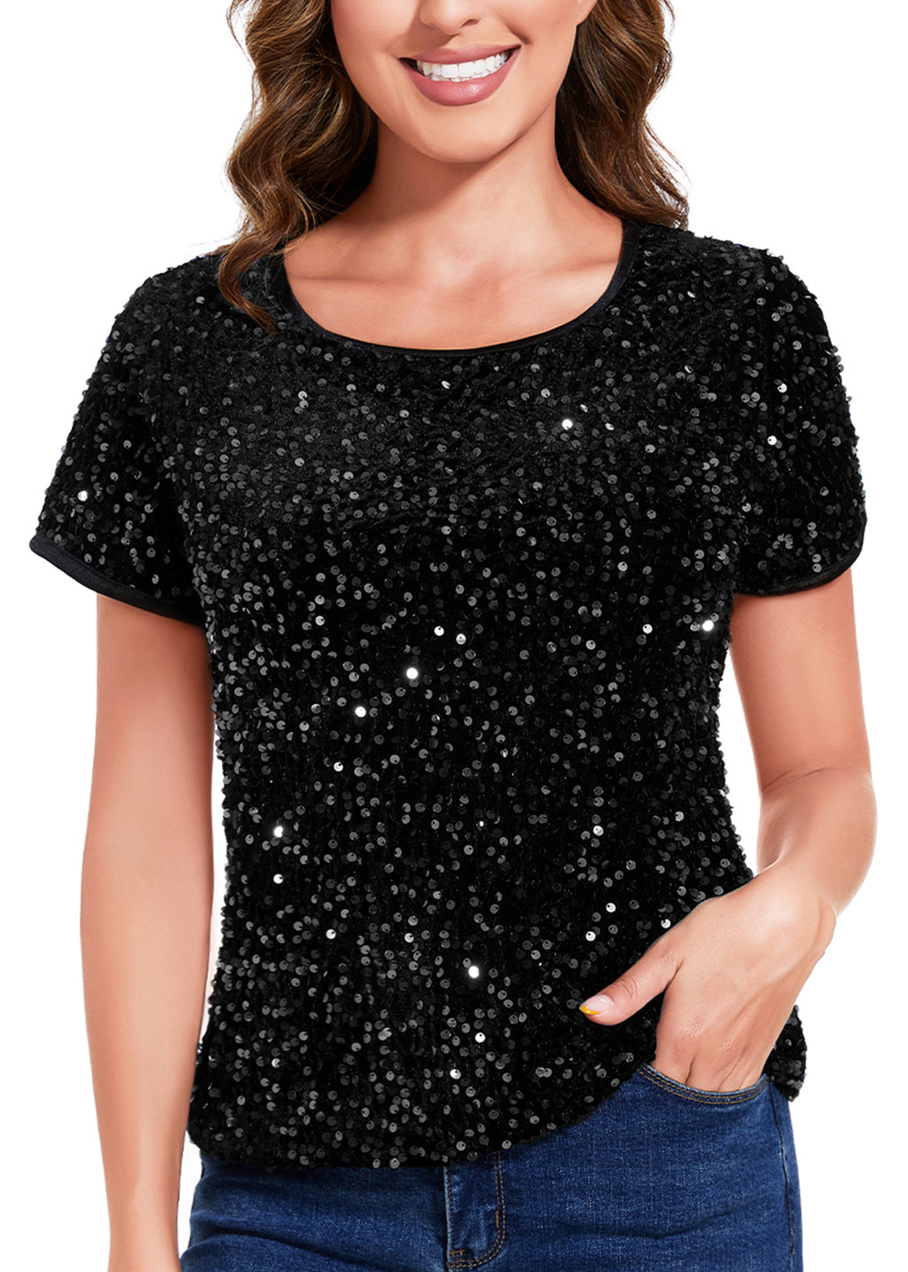 Anna-Kaci Womens Sparkly Sequin Velvet Tops Short Sleeve Crew Neck Shirt Party Club Blouse