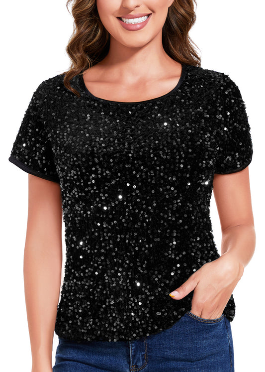 Anna-Kaci Womens Sparkly Sequin Velvet Tops Short Sleeve Crew Neck Shirt Party Club Blouse
