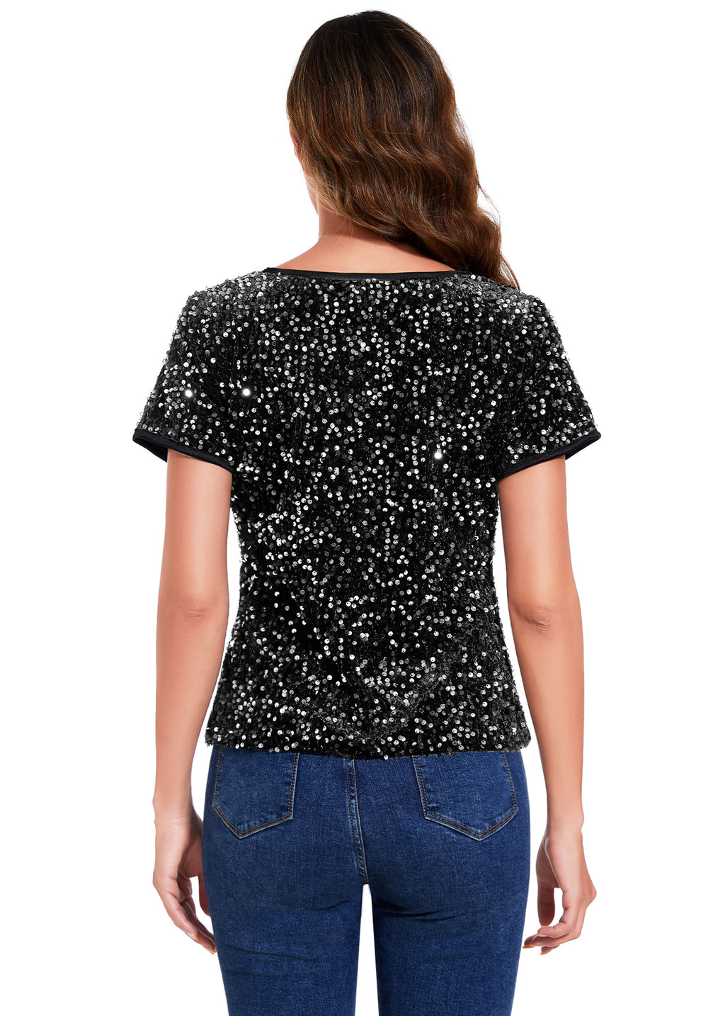 Anna-Kaci Womens Sparkly Sequin Velvet Tops Short Sleeve Crew Neck Shirt Party Club Blouse